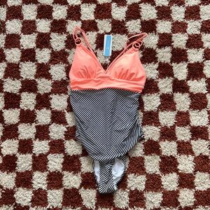 Cupshe One Piece Swimsuit - Coral and Black Stripes NWT